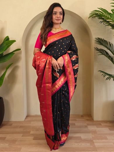 Stunning Black Paithani Silk Contrast Pallu Work Party Wear Saree